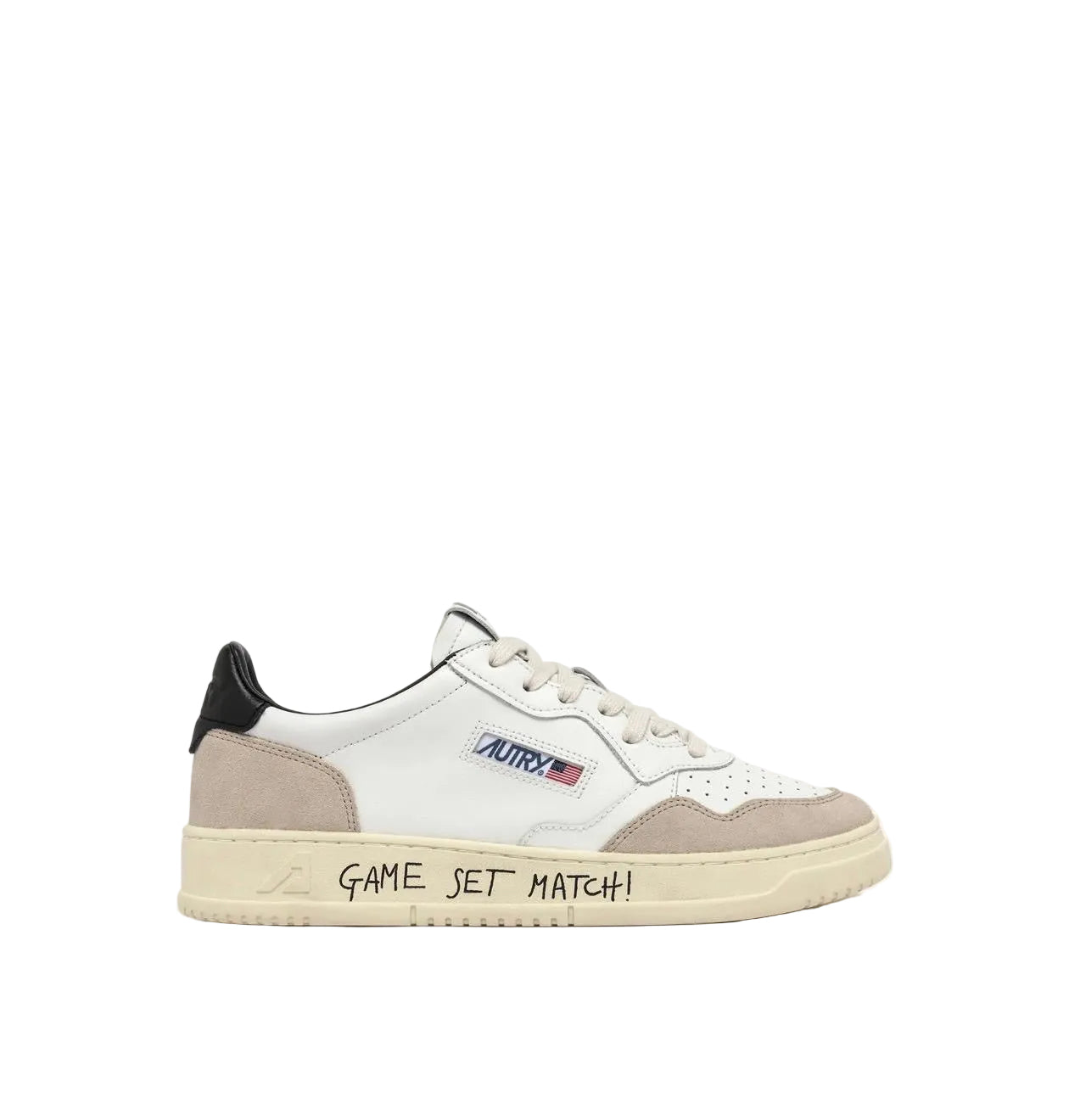 SCARPA MEDALIST LOW IN SUEDE E PELLE BIANCA E NERA CON LETTERING AUTRY