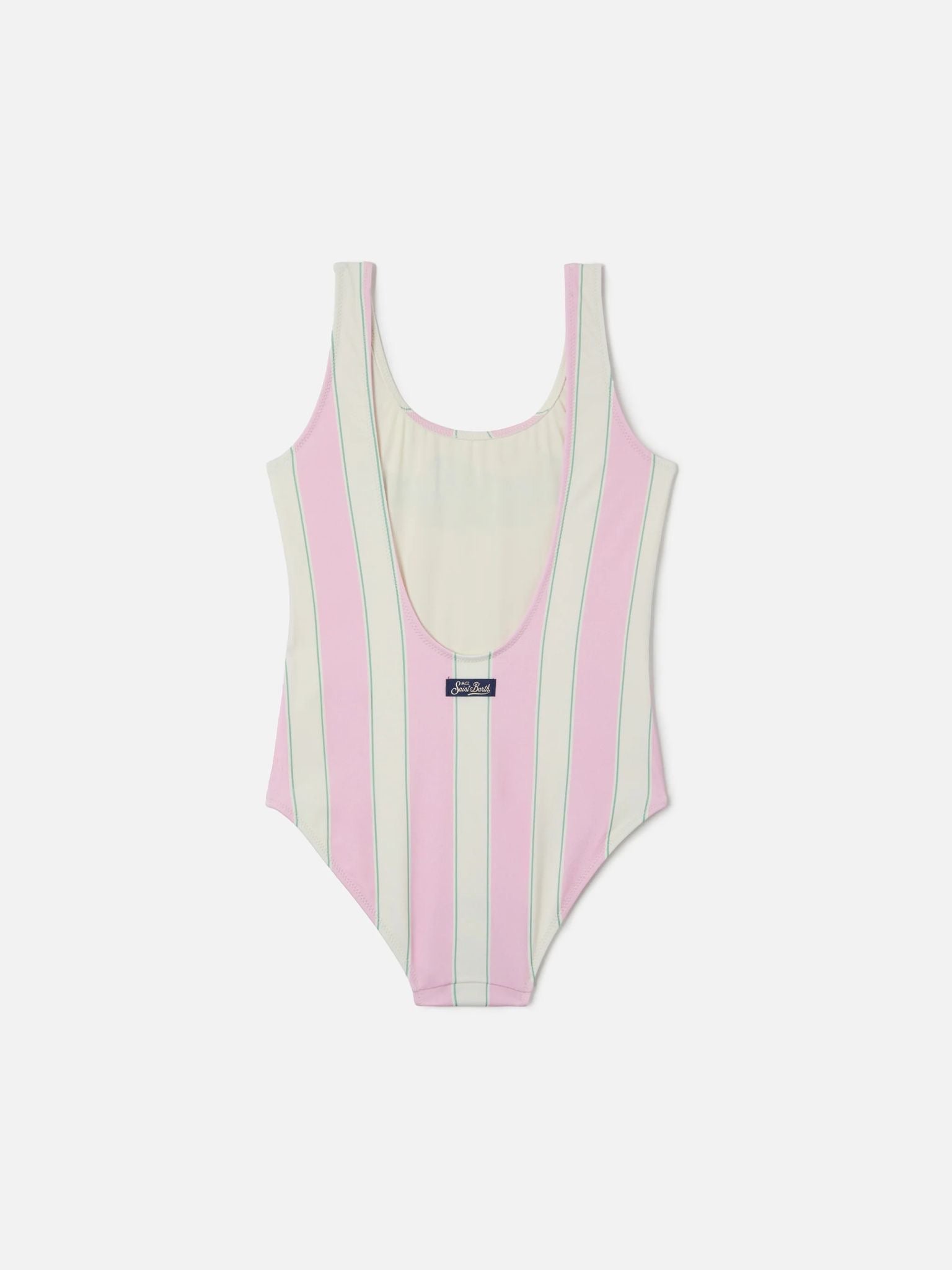 COSTUME INTERO CARA A RIGHE ROSA E BIANCHE CON STAMPA BEACH CLUB.
