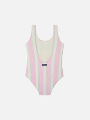 COSTUME INTERO CARA A RIGHE ROSA E BIANCHE CON STAMPA BEACH CLUB.