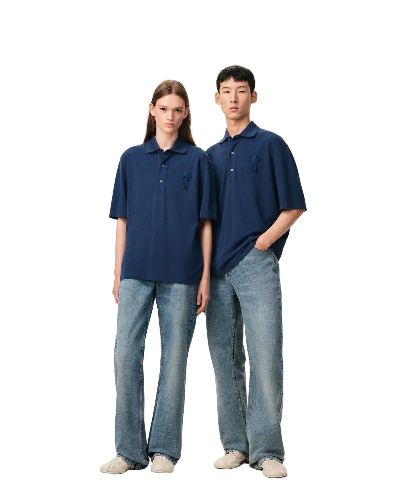 POLO IN COTONE BLU CON INSERTI IN MAGLIA AMI DE COEUR