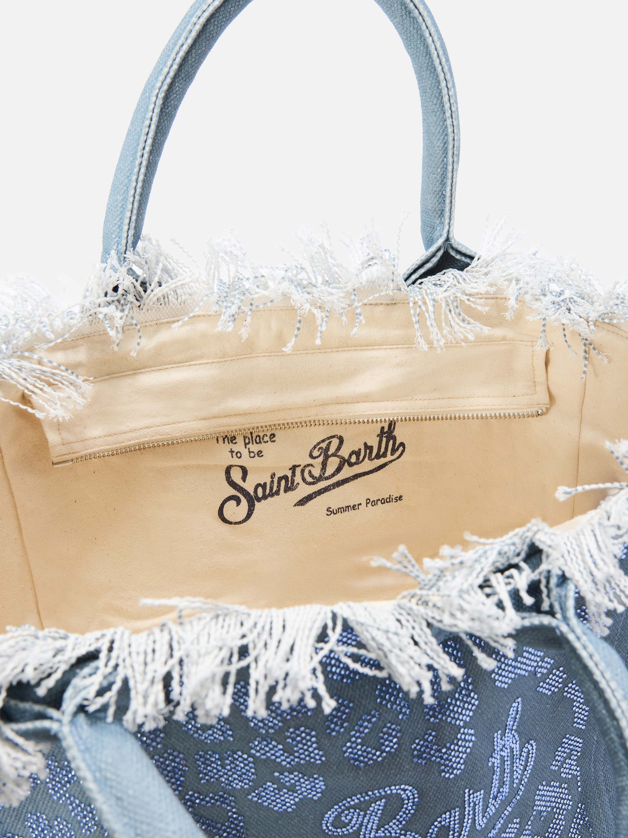 BORSA VANITY REGULAR IN CANVAS BLU LEOPARDATO CON STRASS SAINT BARTH