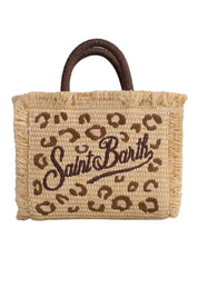 BORSA VANITY MINI IN TESSUTO EFFETTO PAGLIA CON RICAMO LEOPARDATO SAINT BARTH