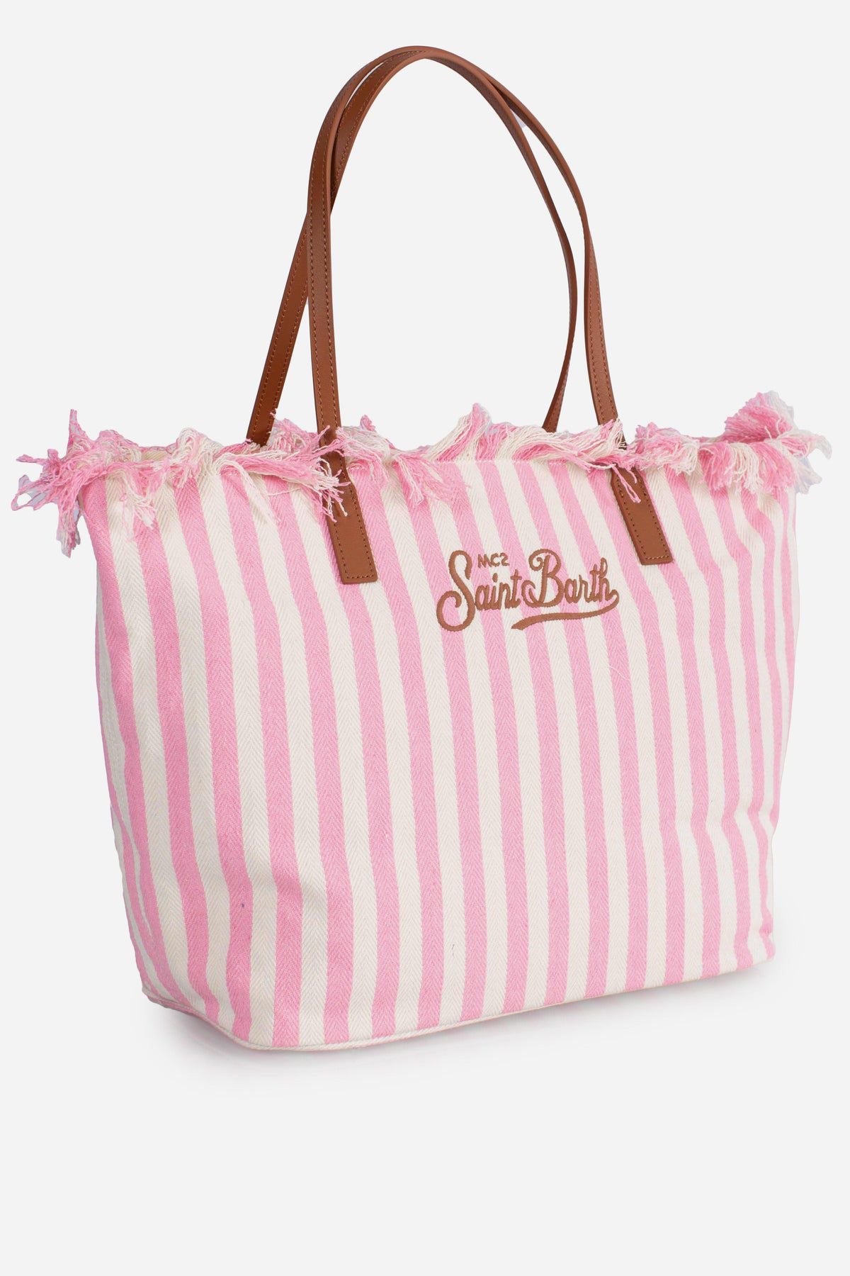 BORSA SHOPPER CITY  IN TESSUTO BIANCA E ROSA CON FRANGE SAINT BARTH