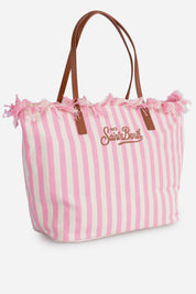 BORSA SHOPPER CITY  IN TESSUTO BIANCA E ROSA CON FRANGE SAINT BARTH