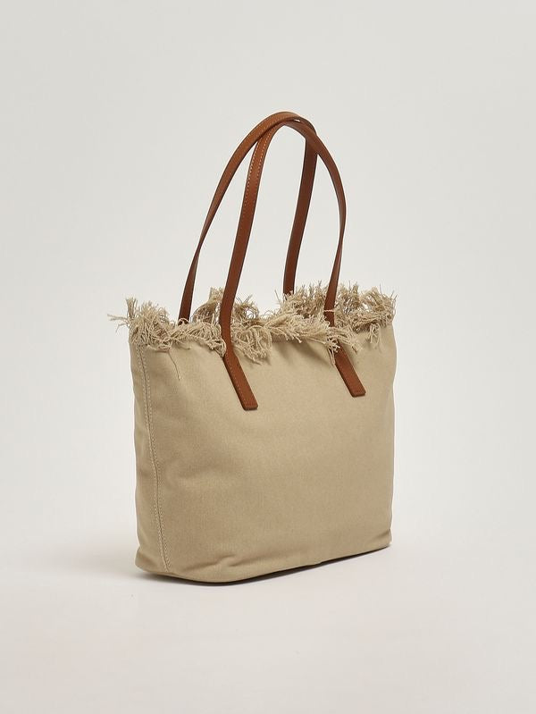 BORSA SHOPPER CITY MEDIUM BEIGE IN CANVAS CON FRANGE SAINT BARTH