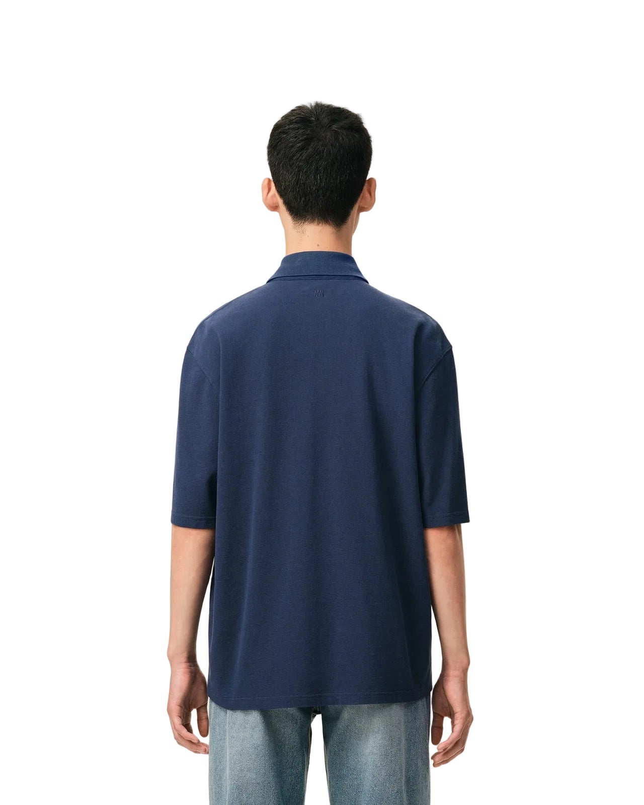 POLO IN COTONE BLU CON INSERTI IN MAGLIA AMI DE COEUR