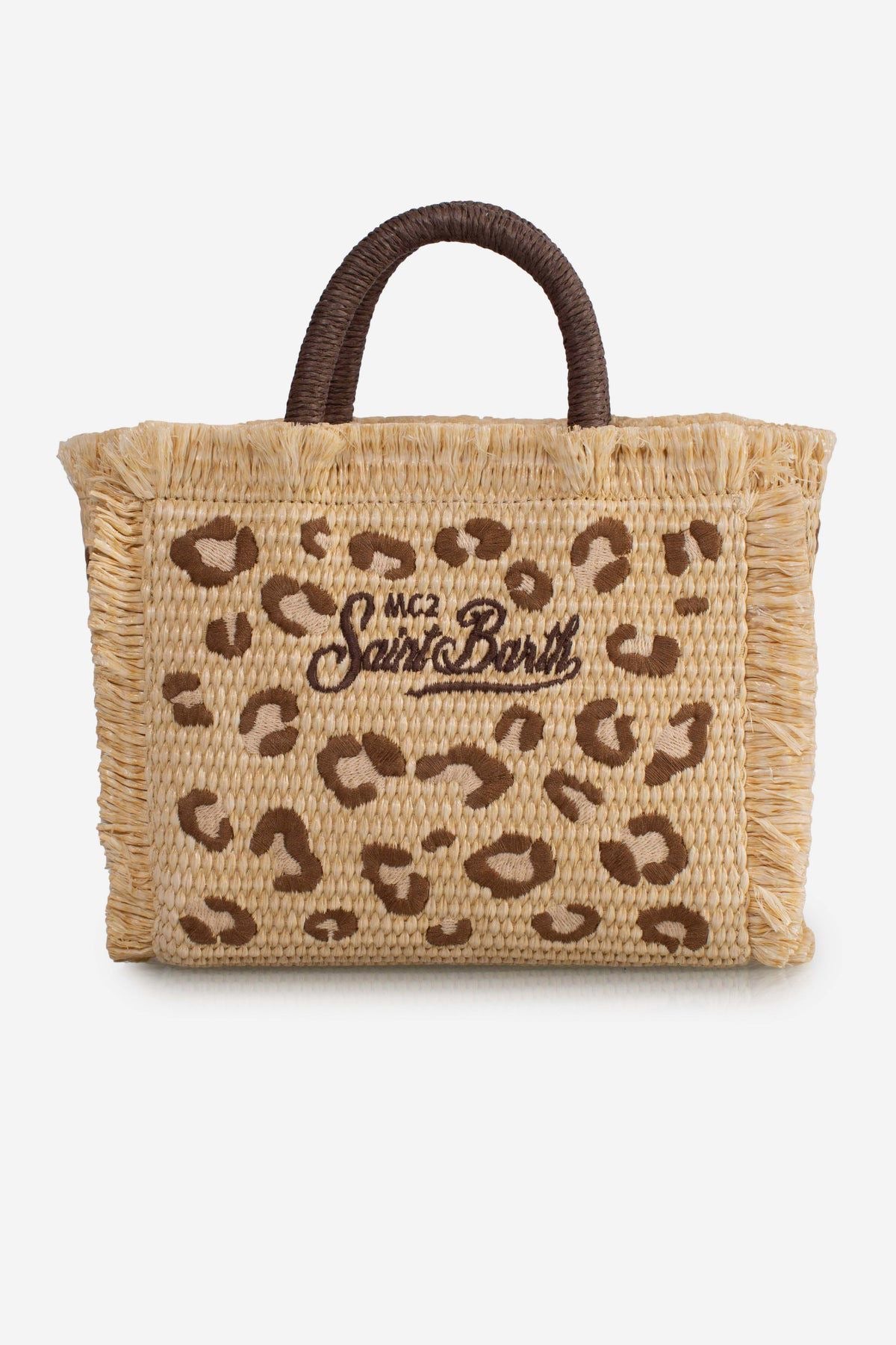 BORSA VANITY MINI IN TESSUTO EFFETTO PAGLIA CON RICAMO LEOPARDATO SAINT BARTH