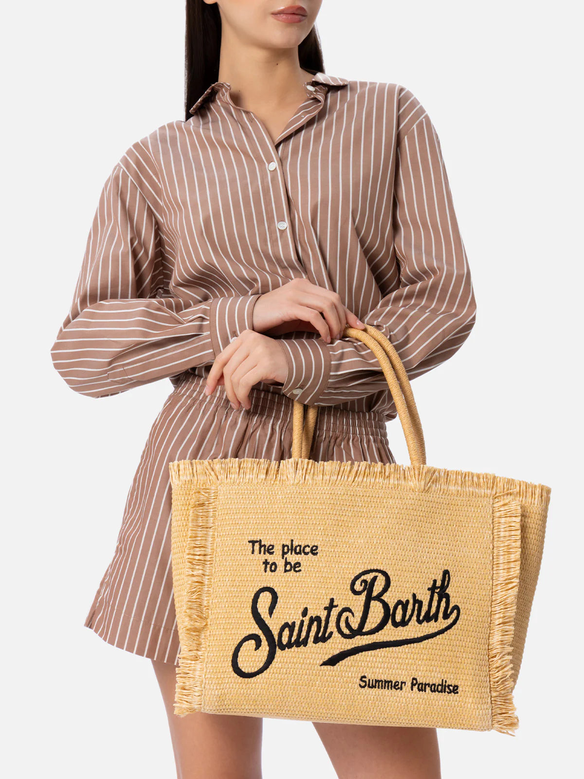 BORSA A SPALLA VANITY EFFETTO PAGLIA BEIGE SAINT BARTH