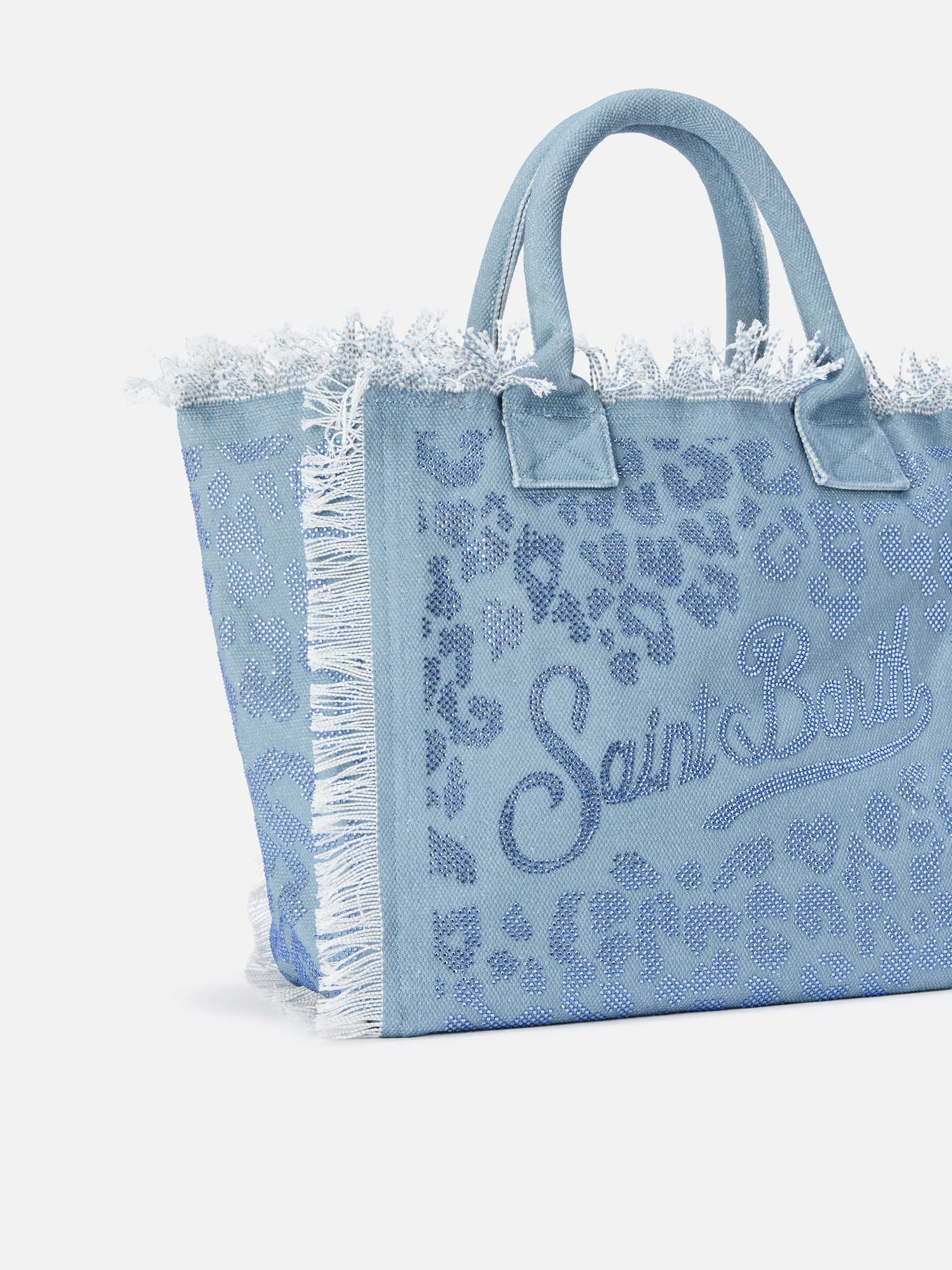 BORSA VANITY REGULAR IN CANVAS BLU LEOPARDATO CON STRASS SAINT BARTH