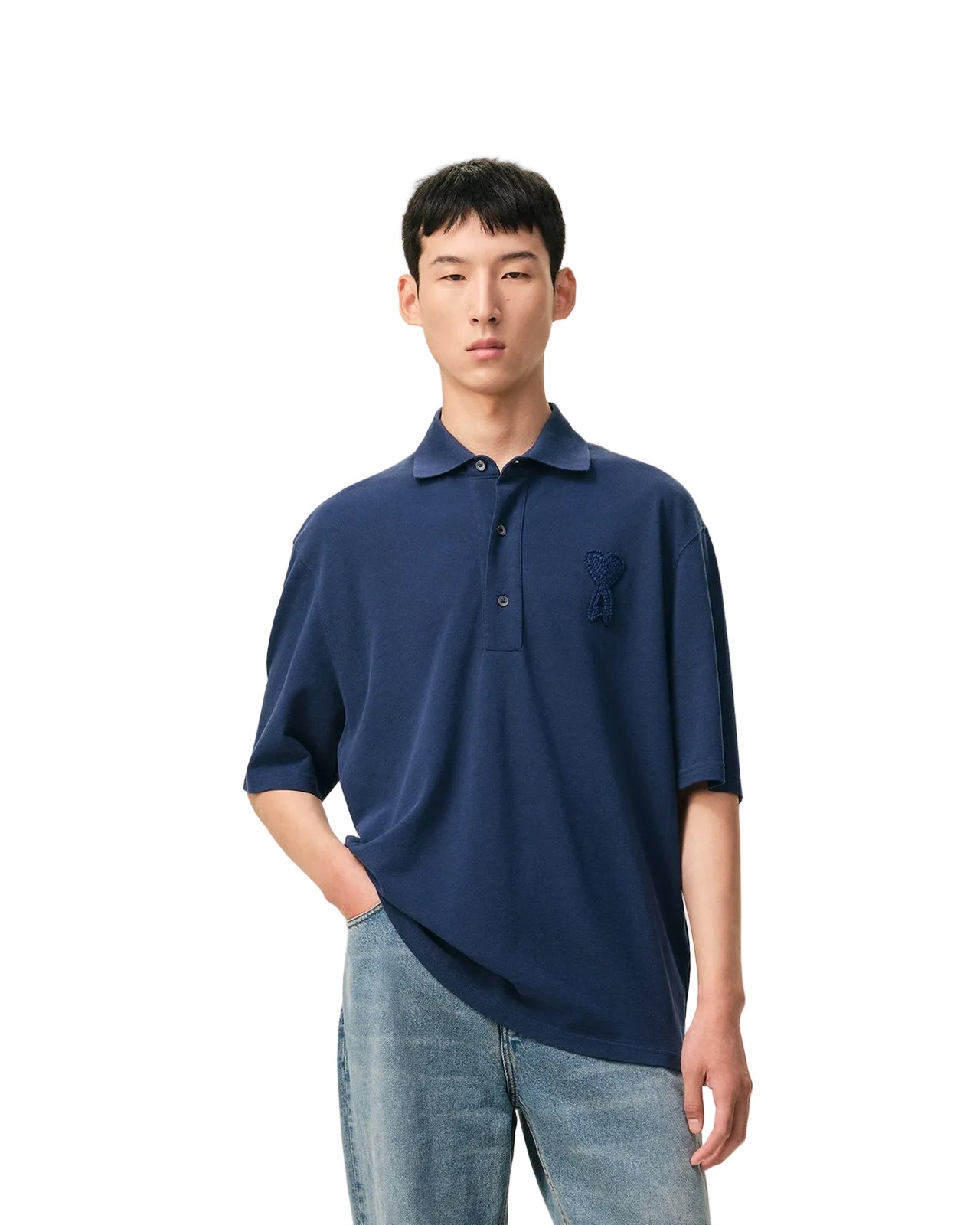 POLO IN COTONE BLU CON INSERTI IN MAGLIA AMI DE COEUR