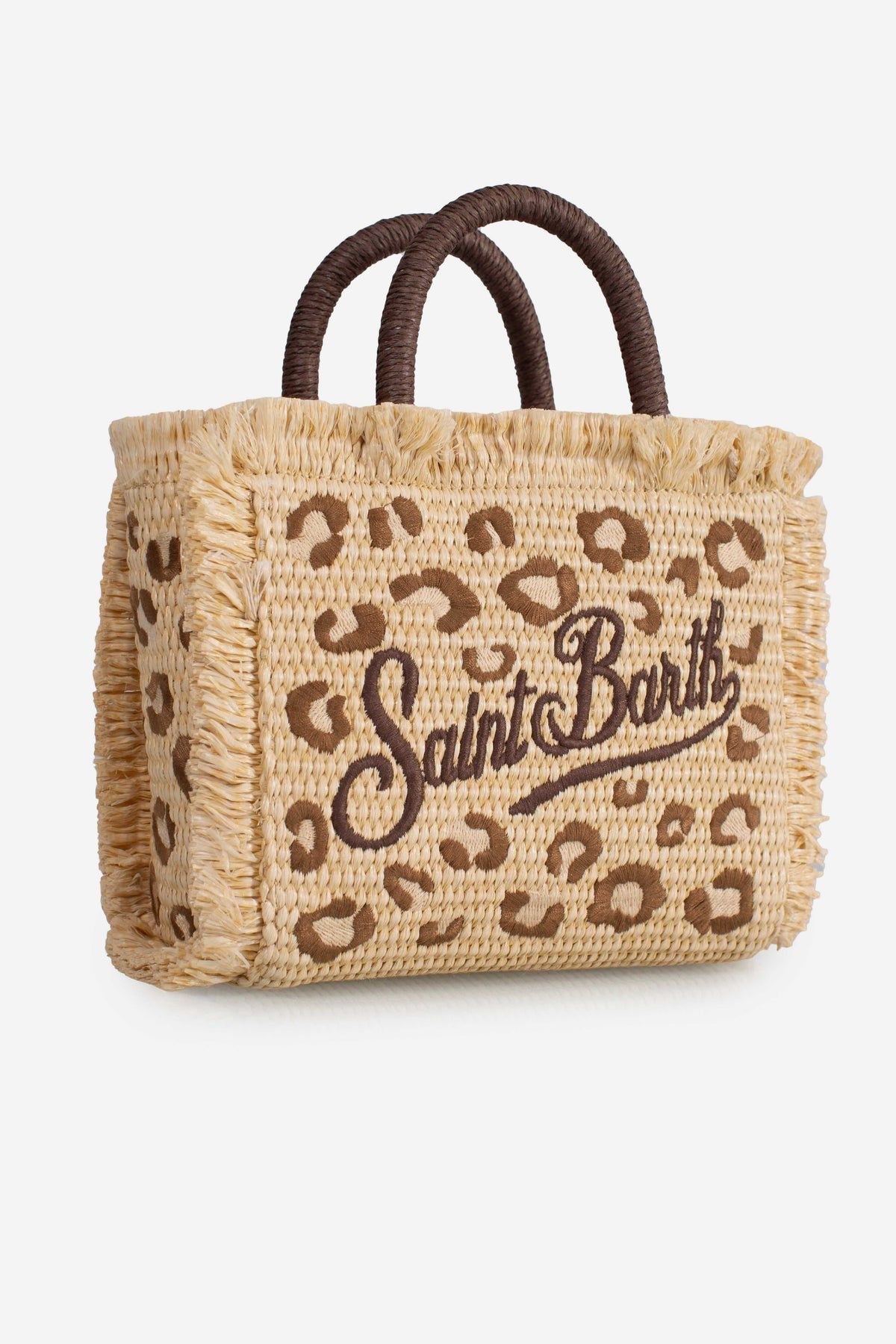 BORSA VANITY MINI IN TESSUTO EFFETTO PAGLIA CON RICAMO LEOPARDATO SAINT BARTH