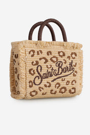 BORSA VANITY MINI IN TESSUTO EFFETTO PAGLIA CON RICAMO LEOPARDATO SAINT BARTH