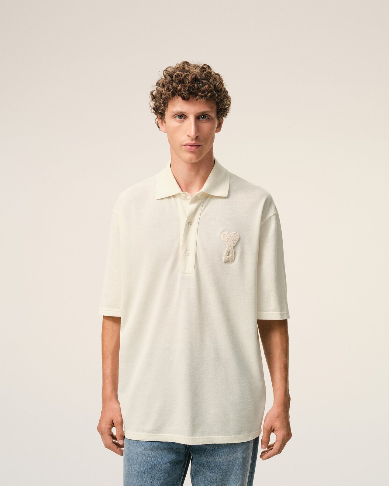 POLO IN COTONE PANNA CON INSERTI IN MAGLIA AMI DE COEUR AMI PARIS