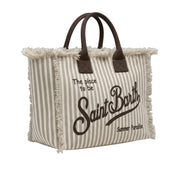 Mc2 Saint Barth Borsa Colette In Canvas A Righe Beige Medium
